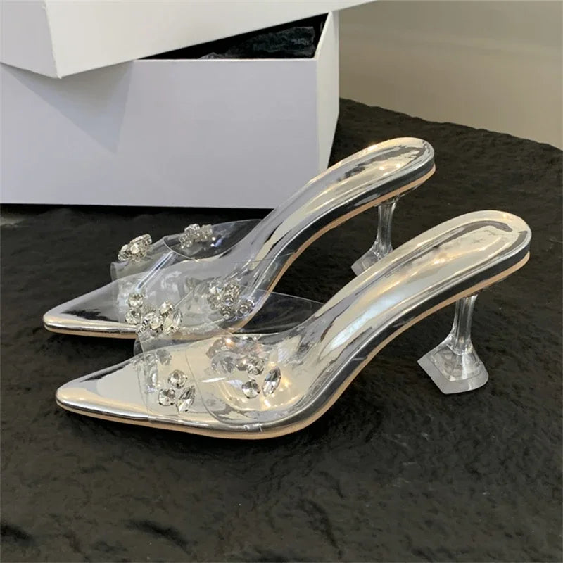 Diamond PVC Transparent Pointed Toe High Slippers Summer Slide Shoes Low Heel Pumps