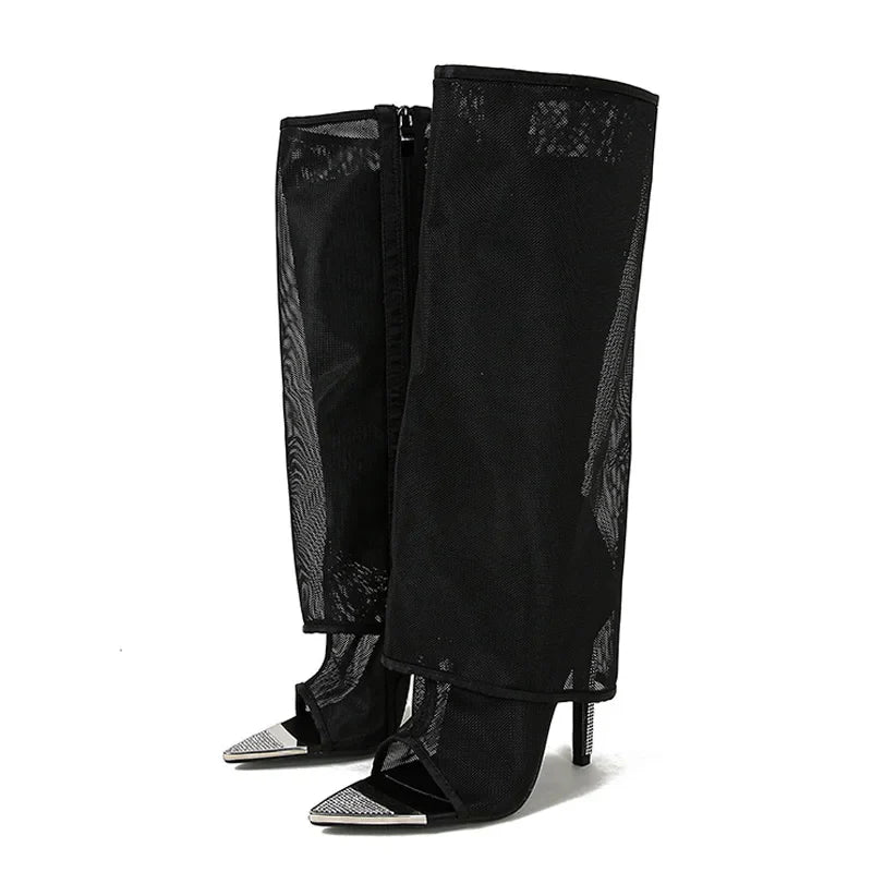 Fashion Mesh Very Light Comfort Thin Heels Open Toe Knee High Boots