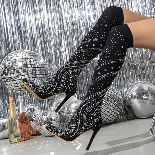 Stretch Fabric Crystal Pointed Toe Thin Heels Night Club Stripper Knee High Boots