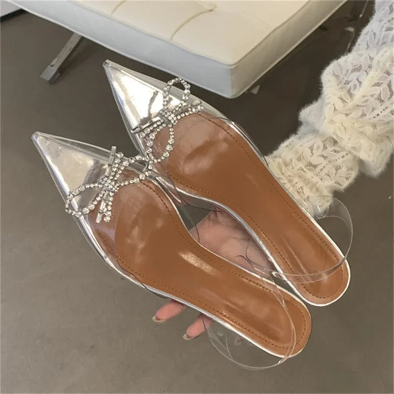 PVC Transparent Butterfly-knot Fashion Party Shoes Elegant Slingbacks Mules Sandals Low Heel Pumps