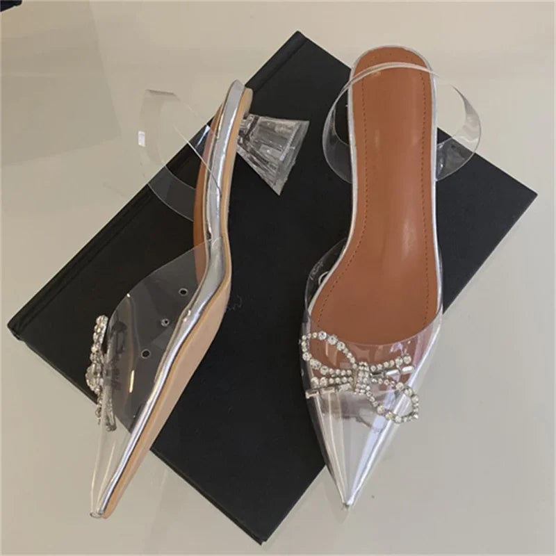 PVC Transparent Butterfly-knot Fashion Party Shoes Elegant Slingbacks Mules Sandals Low Heel Pumps