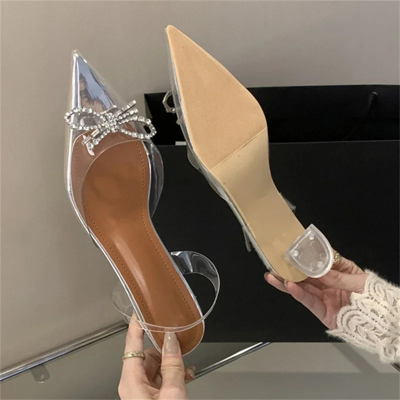 PVC Transparent Butterfly-knot Fashion Party Shoes Elegant Slingbacks Mules Sandals Low Heel Pumps