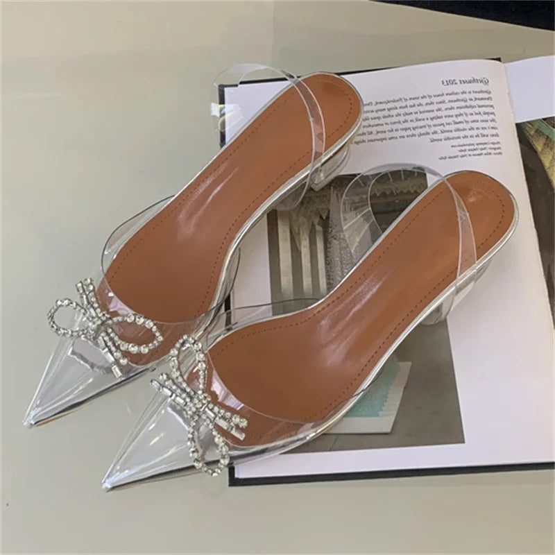 PVC Transparent Butterfly-knot Fashion Party Shoes Elegant Slingbacks Mules Sandals Low Heel Pumps