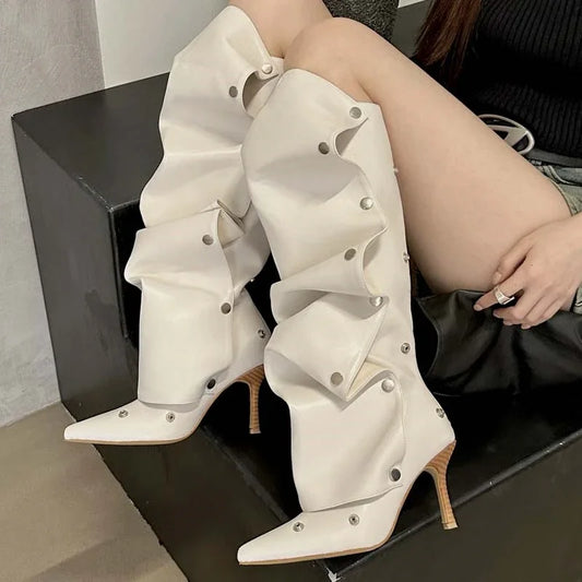 Pleated Button Strap Pointed Toe Thin Heels Night Club Stripper Knee High Boots