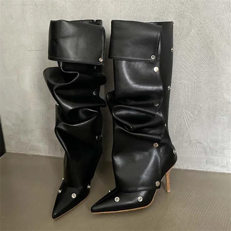 Pleated Button Strap Pointed Toe Thin Heels Night Club Stripper Knee High Boots