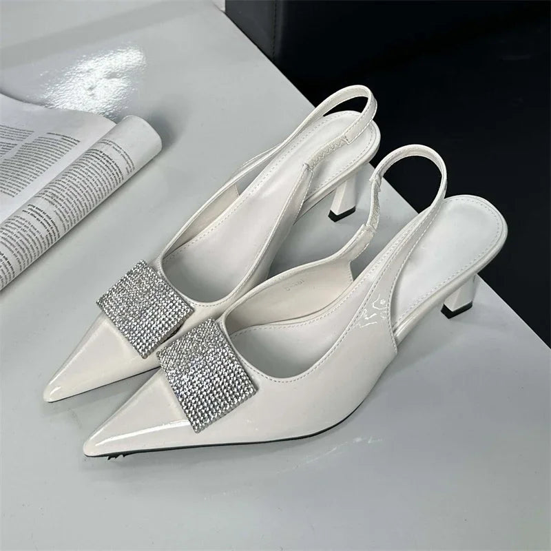 Square Button Thin Pointed Toe Slingback Mules Ladies Shoes Low Heel Pumps