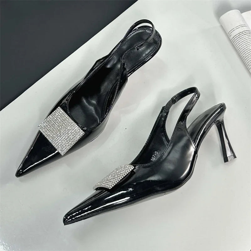 Square Button Thin Pointed Toe Slingback Mules Ladies Shoes Low Heel Pumps
