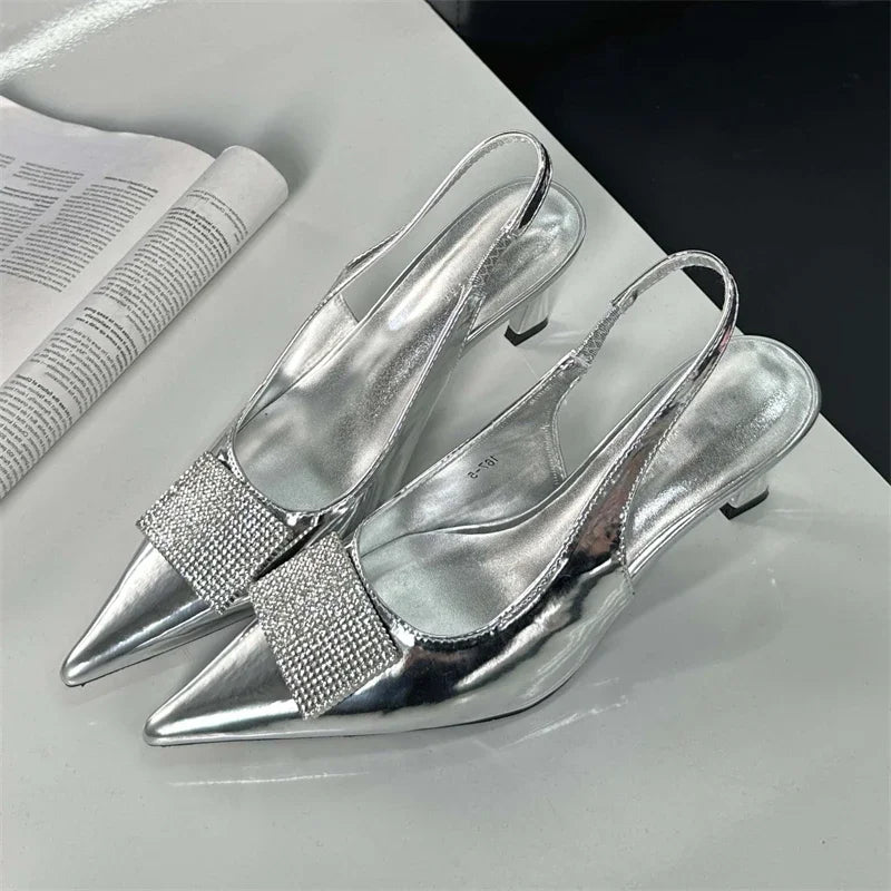 Square Button Thin Pointed Toe Slingback Mules Ladies Shoes Low Heel Pumps