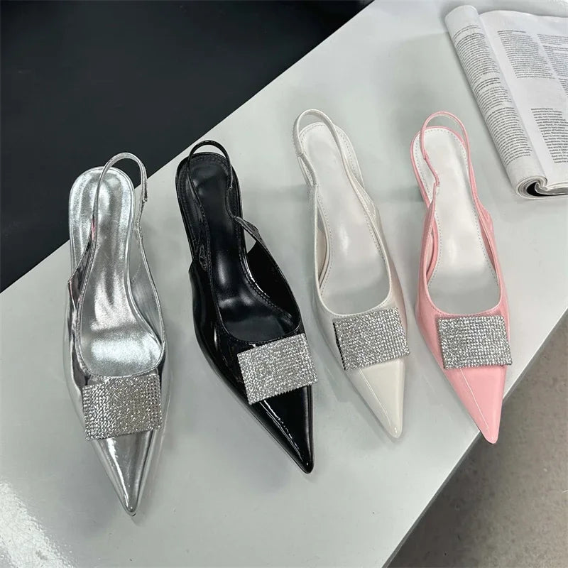 Square Button Thin Pointed Toe Slingback Mules Ladies Shoes Low Heel Pumps