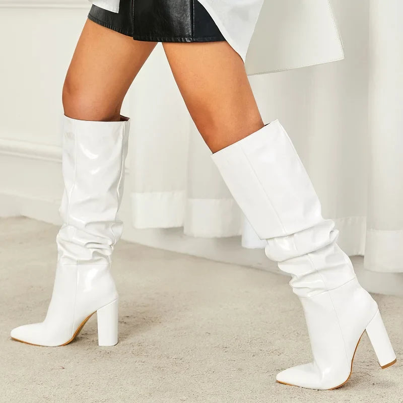 Street Designer Pointed Toe Patent Leather Chunky Heels Knee High Boots