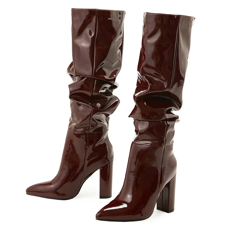 Street Designer Pointed Toe Patent Leather Chunky Heels Knee High Boots
