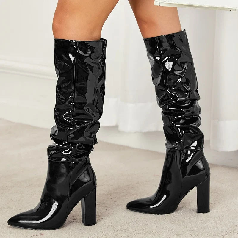 Street Designer Pointed Toe Patent Leather Chunky Heels Knee High Boots