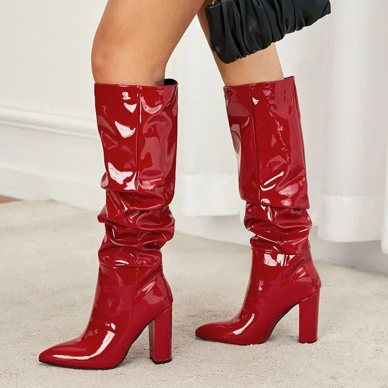 Street Designer Pointed Toe Patent Leather Chunky Heels Knee High Boots