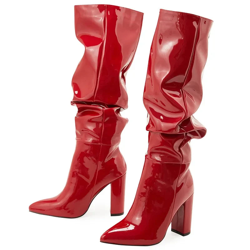 Street Designer Pointed Toe Patent Leather Chunky Heels Knee High Boots