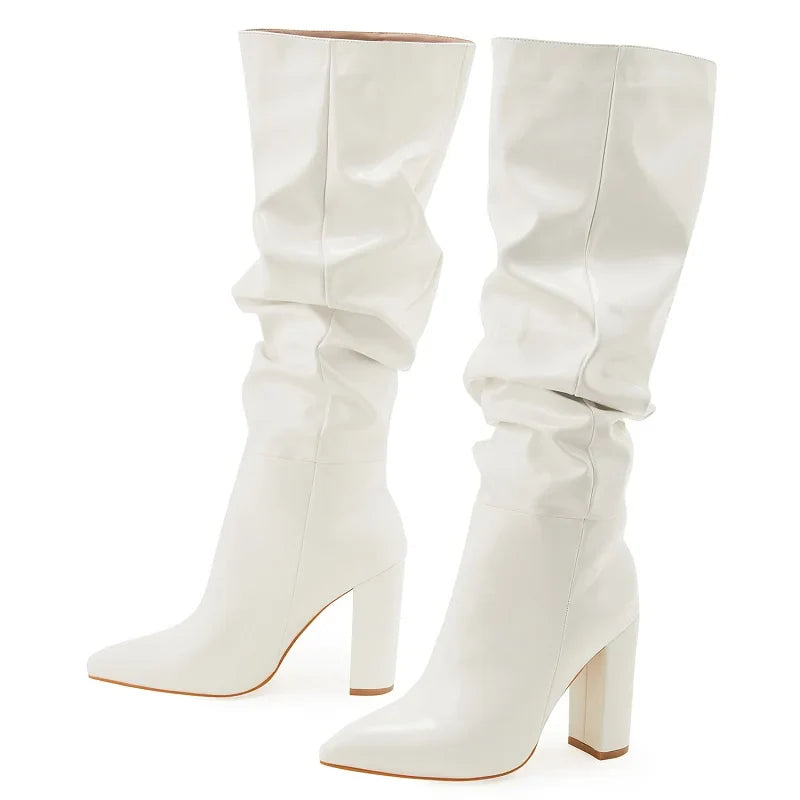 Street Designer Pointed Toe Patent Leather Chunky Heels Knee High Boots