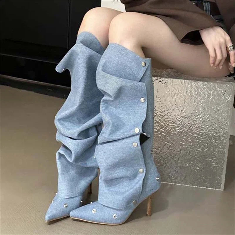 Winter Pleated Button Strap Pointed Toe Thin Heels Stripper Knee High Boots