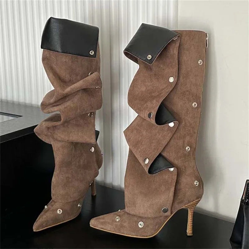 Winter Pleated Button Strap Pointed Toe Thin Heels Stripper Knee High Boots