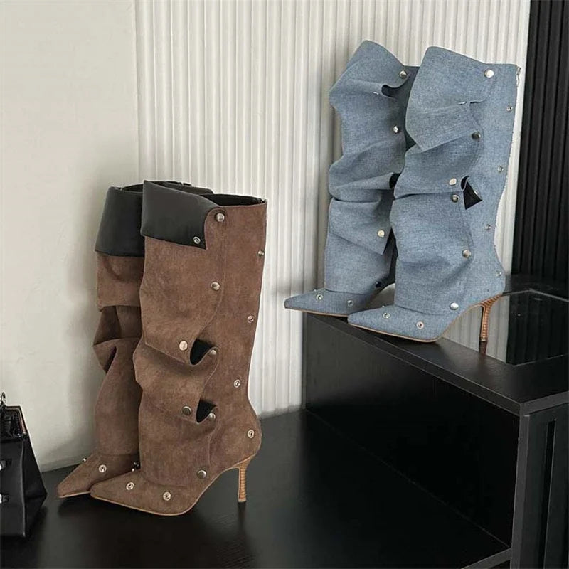 Winter Pleated Button Strap Pointed Toe Thin Heels Stripper Knee High Boots