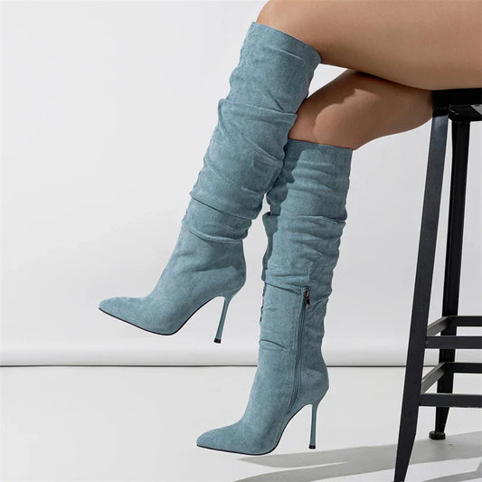 Winter Fashion Pleated Denim Pointed Toe Thin Heels Knee High Boots