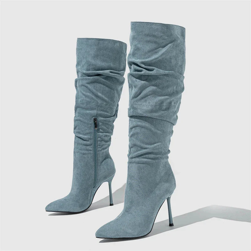 Winter Fashion Pleated Denim Pointed Toe Thin Heels Knee High Boots