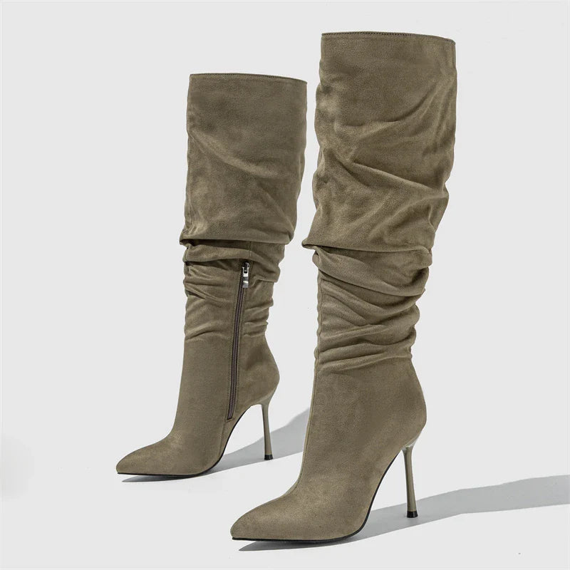 Winter Fashion Pleated Denim Pointed Toe Thin Heels Knee High Boots