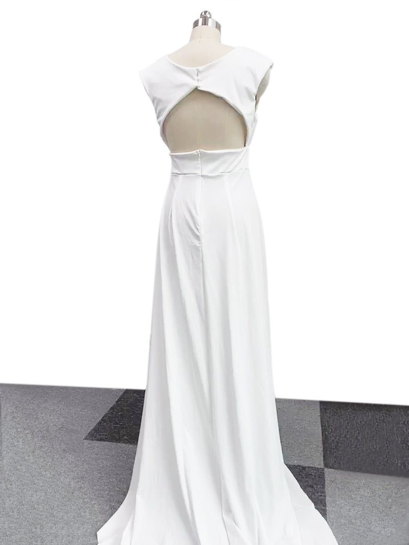 Elegant Casual Women's Dresses V-neck Side Slit Backless White Long Skirt Wedding
