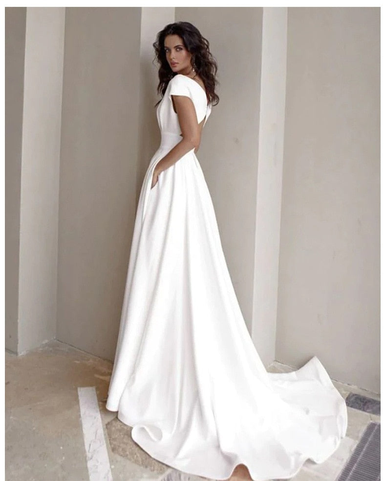 Elegant Casual Women's Dresses V-neck Side Slit Backless White Long Skirt Wedding