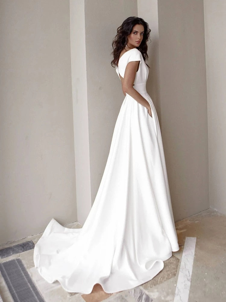 Elegant Casual Women's Dresses V-neck Side Slit Backless White Long Skirt Wedding
