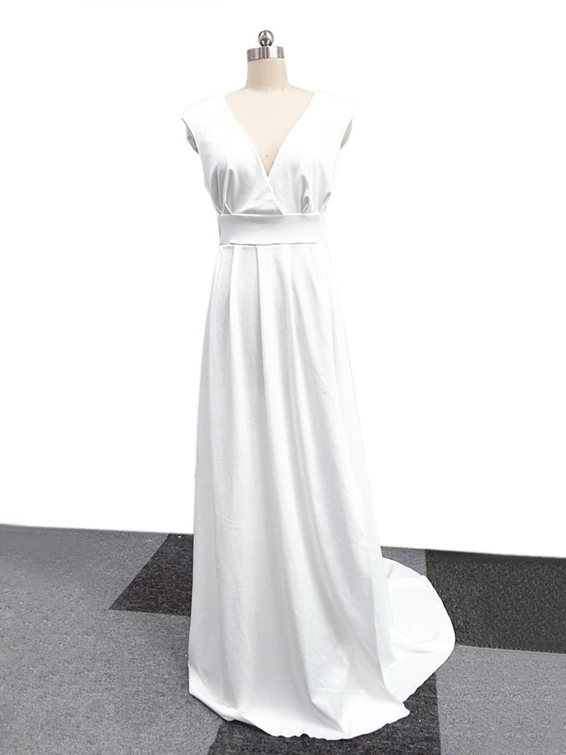 Elegant Casual Women's Dresses V-neck Side Slit Backless White Long Skirt Wedding