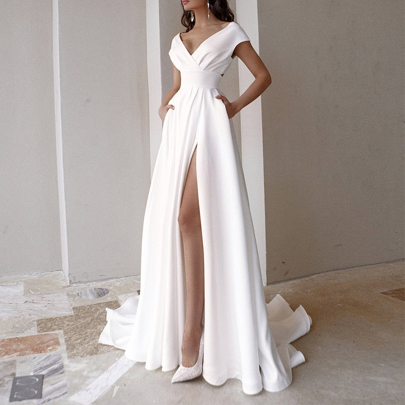 Elegant Casual Women's Dresses V-neck Side Slit Backless White Long Skirt Wedding