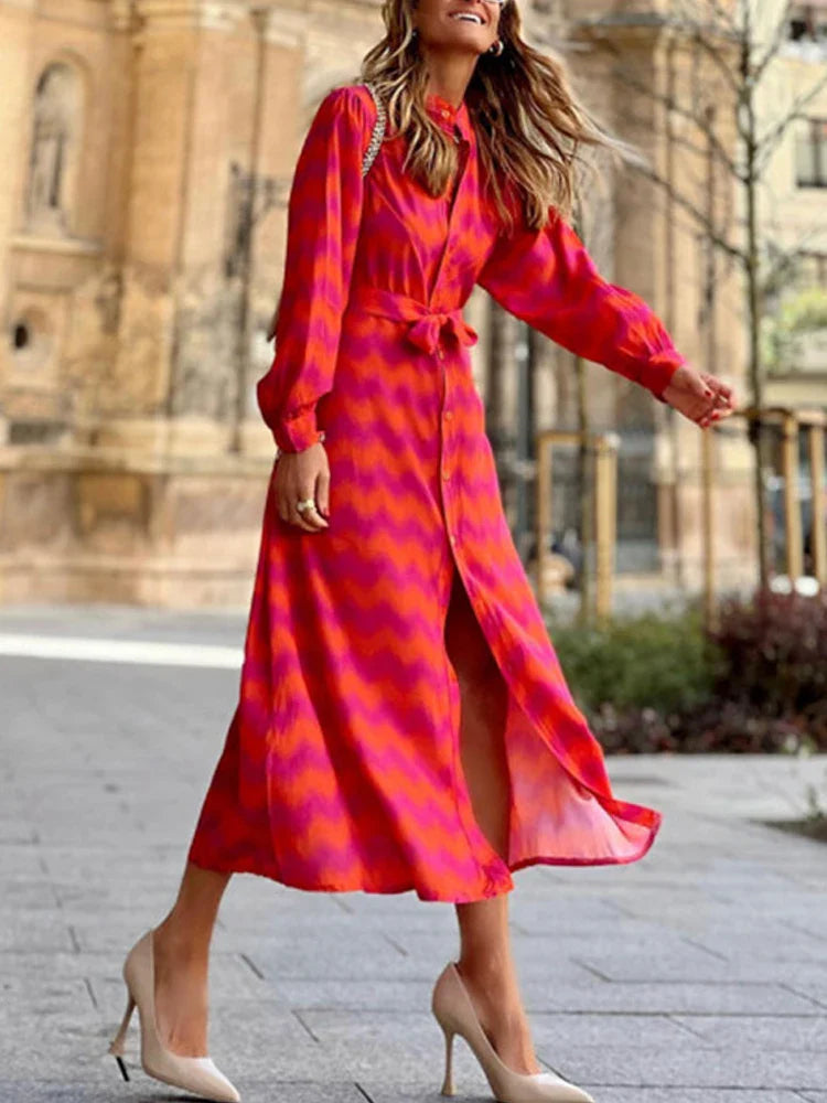 Elegant Lady Tie Dye Ruffled Lace Up Waist V-neck Maxi Dress