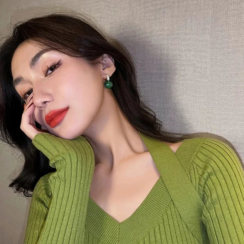 Elegant Marble Ball Drop Earrings - Green or Pearl