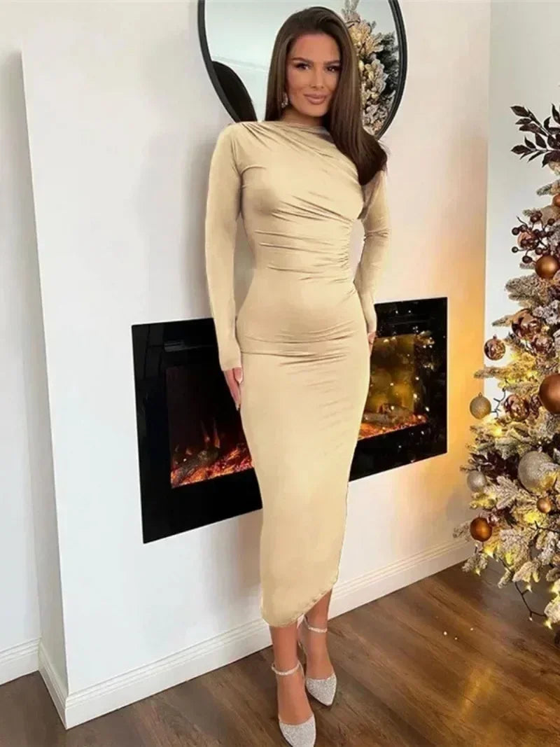 Spring Elegant O-neck Long Sleeve Bodycon Dress