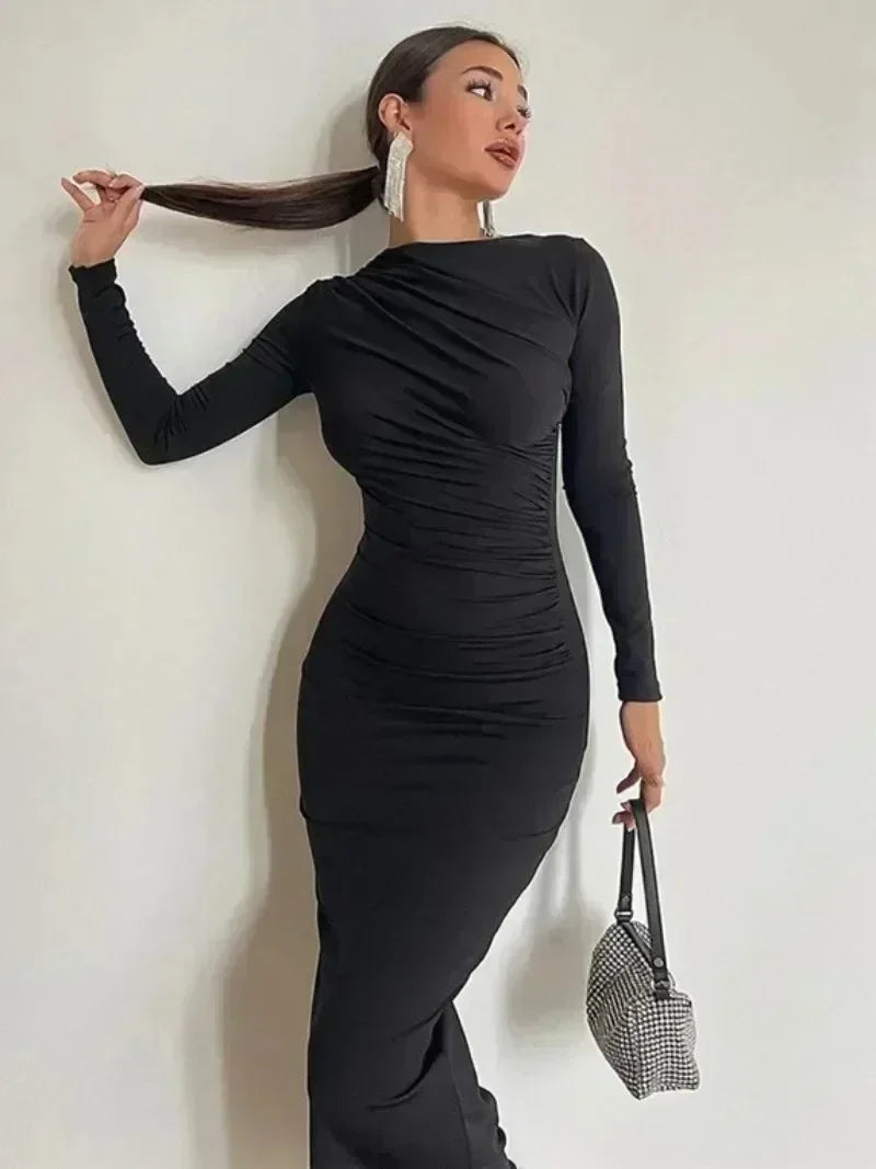Spring Elegant O-neck Long Sleeve Bodycon Dress