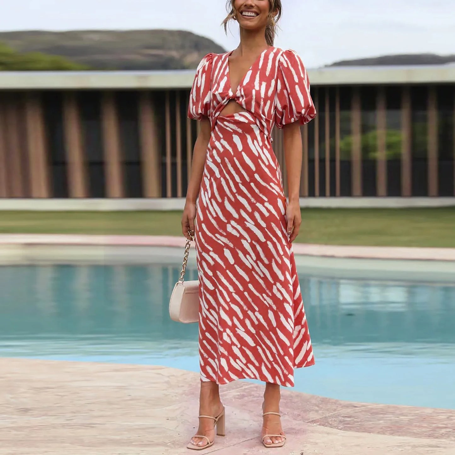 Elegant Boho Stripe Print V-Neck Puff Sleeve Midi Dress