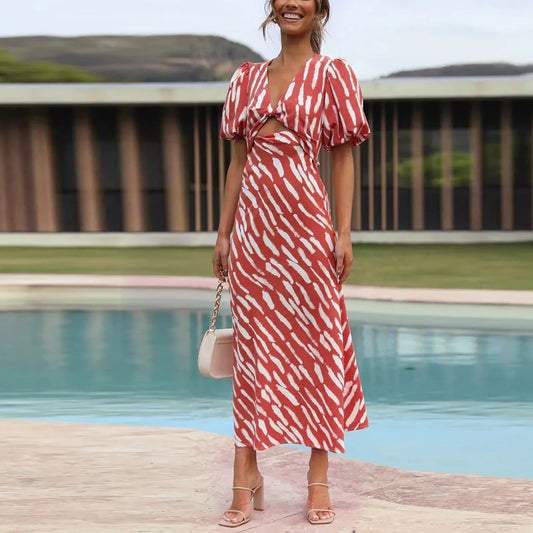 Elegant Boho Stripe Print V-Neck Puff Sleeve Midi Dress