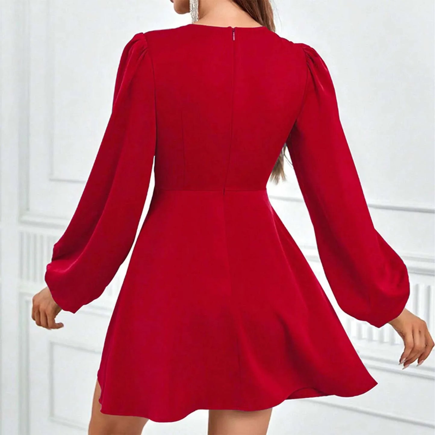 Elegant Red Solid Color Hollow Out Waist Tied Bubble Sleeve Midi Dress