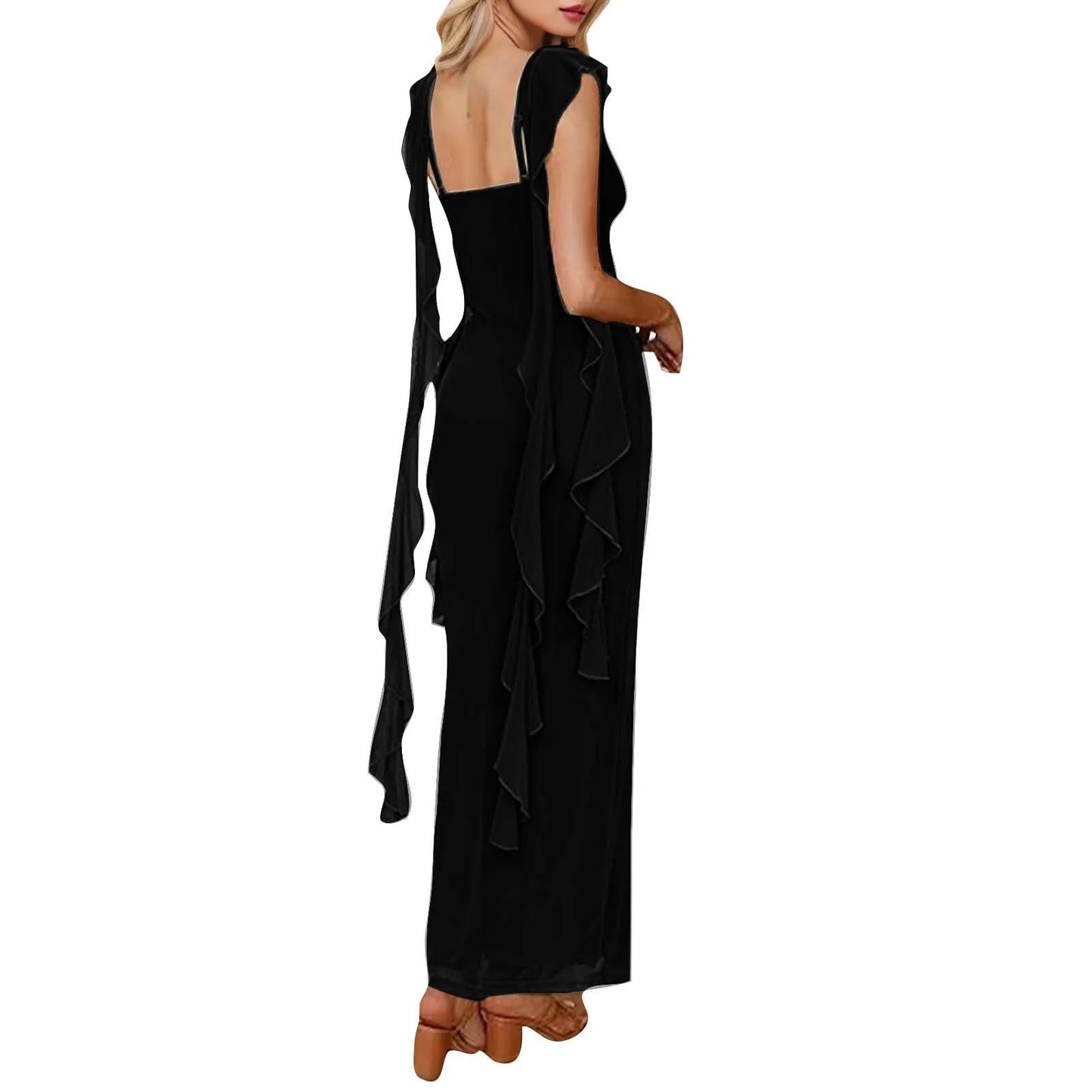 Elegant Ruffles Long Maxi Square Collar  Backless Sleeveless Fashion Slim Fit Wedding Party Dress