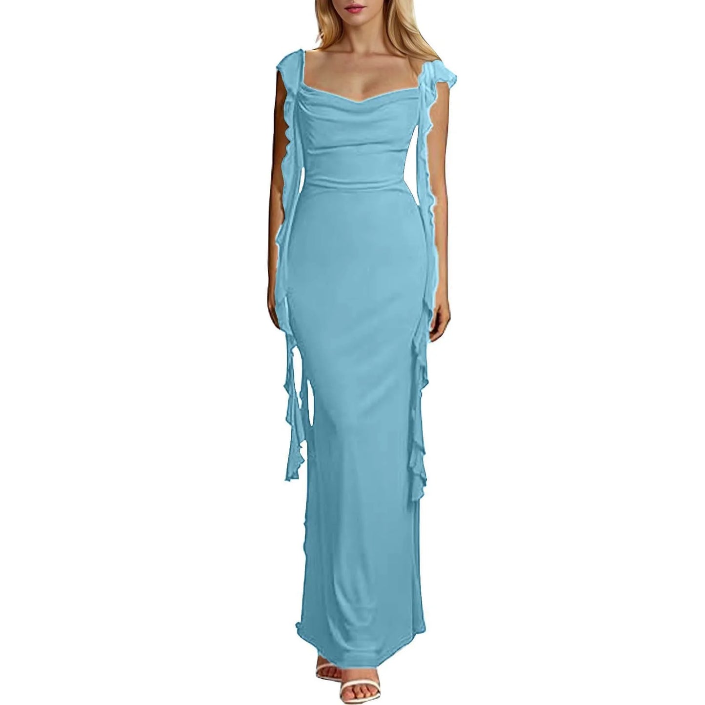 Elegant Ruffles Long Maxi Square Collar  Backless Sleeveless Fashion Slim Fit Wedding Party Dress