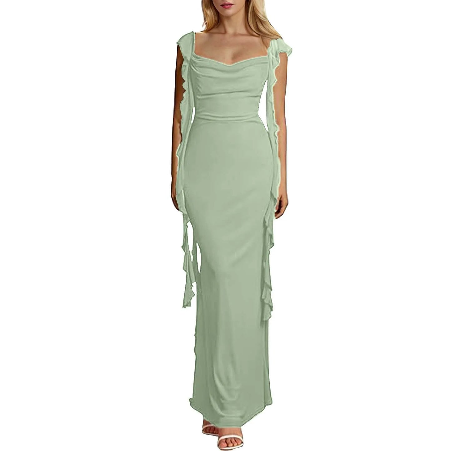 Elegant Ruffles Long Maxi Square Collar  Backless Sleeveless Fashion Slim Fit Wedding Party Dress