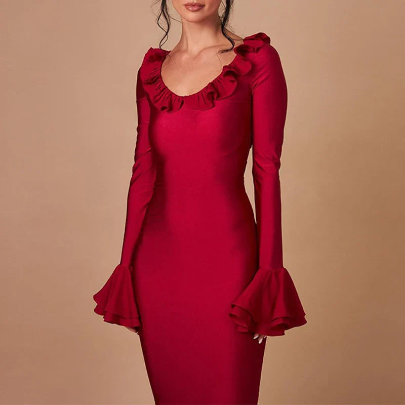 Elegant Solid Color O Neck Flare Sleeve Lace-up Ruffles Maxi Dress