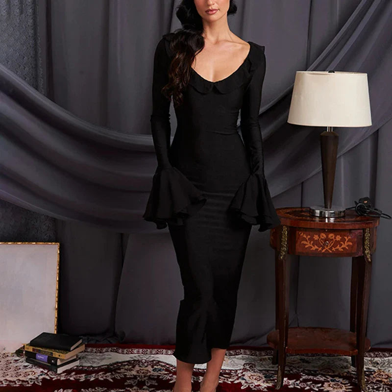 Elegant Solid Color O Neck Flare Sleeve Lace-up Ruffles Maxi Dress