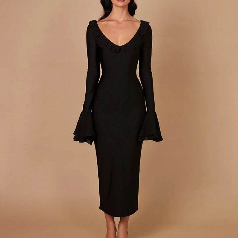 Elegant Solid Color O Neck Flare Sleeve Lace-up Ruffles Maxi Dress