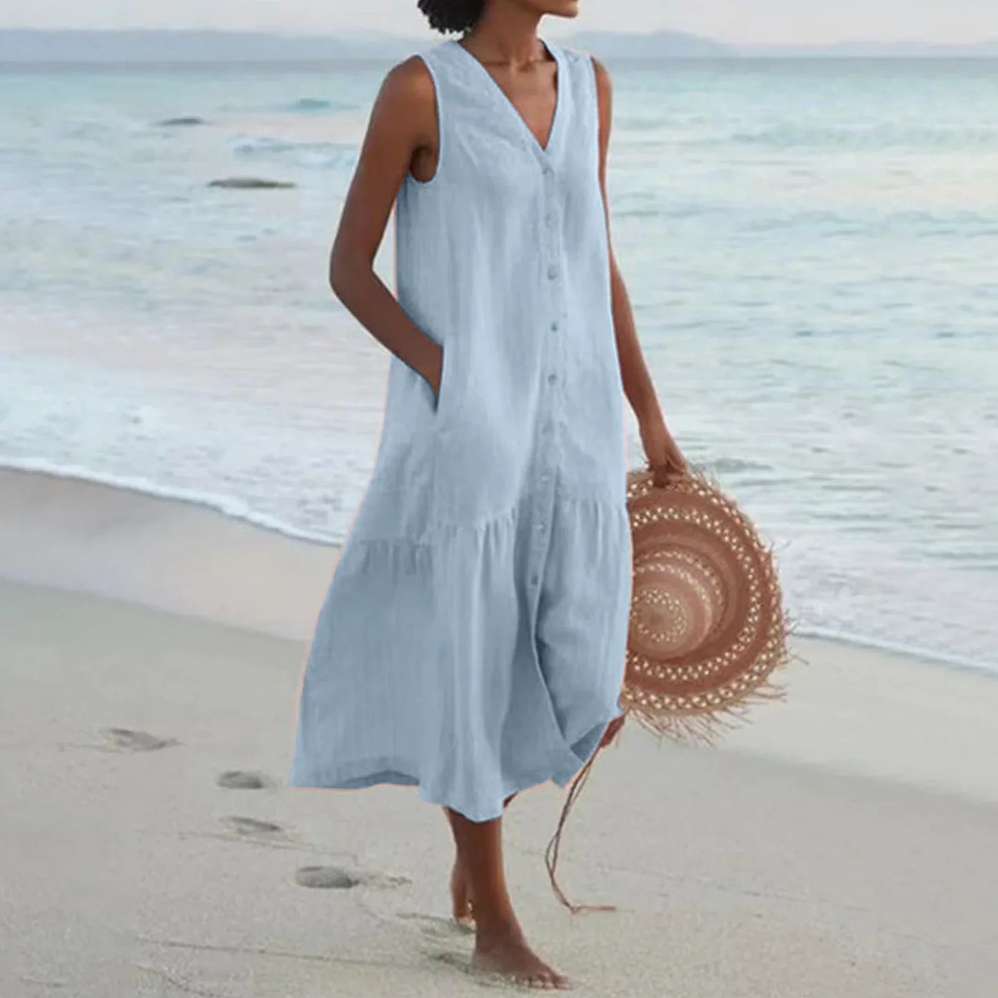 Elegant Solid Shirt Summer Sleeveless V Neck Harajuku Maxi Dress