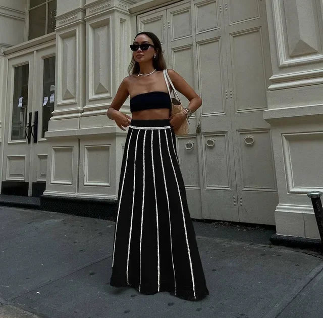 Elegant Striped Tassel Knitted Elastic High Waist Skirt