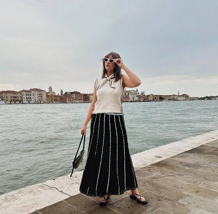 Elegant Striped Tassel Knitted Elastic High Waist Skirt