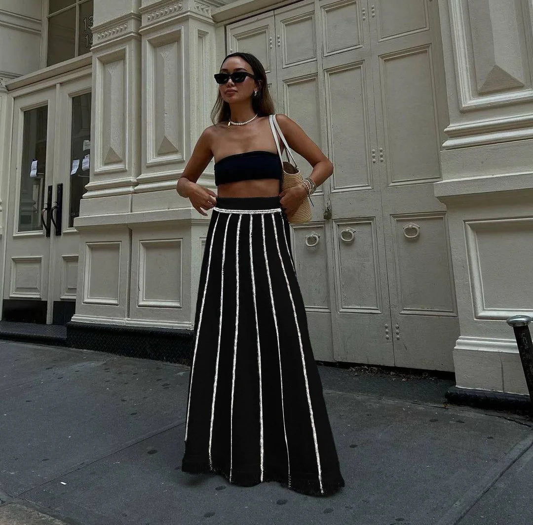 Elegant Striped Tassel Knitted Elastic High Waist Skirt
