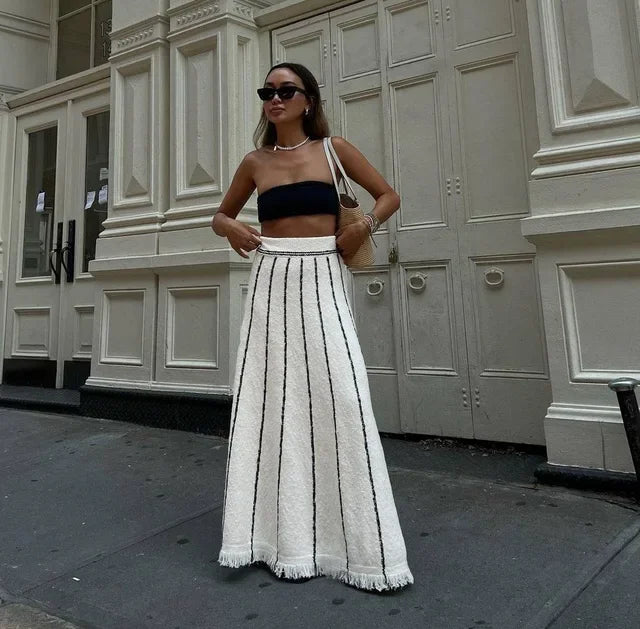 Elegant Striped Tassel Knitted Elastic High Waist Skirt
