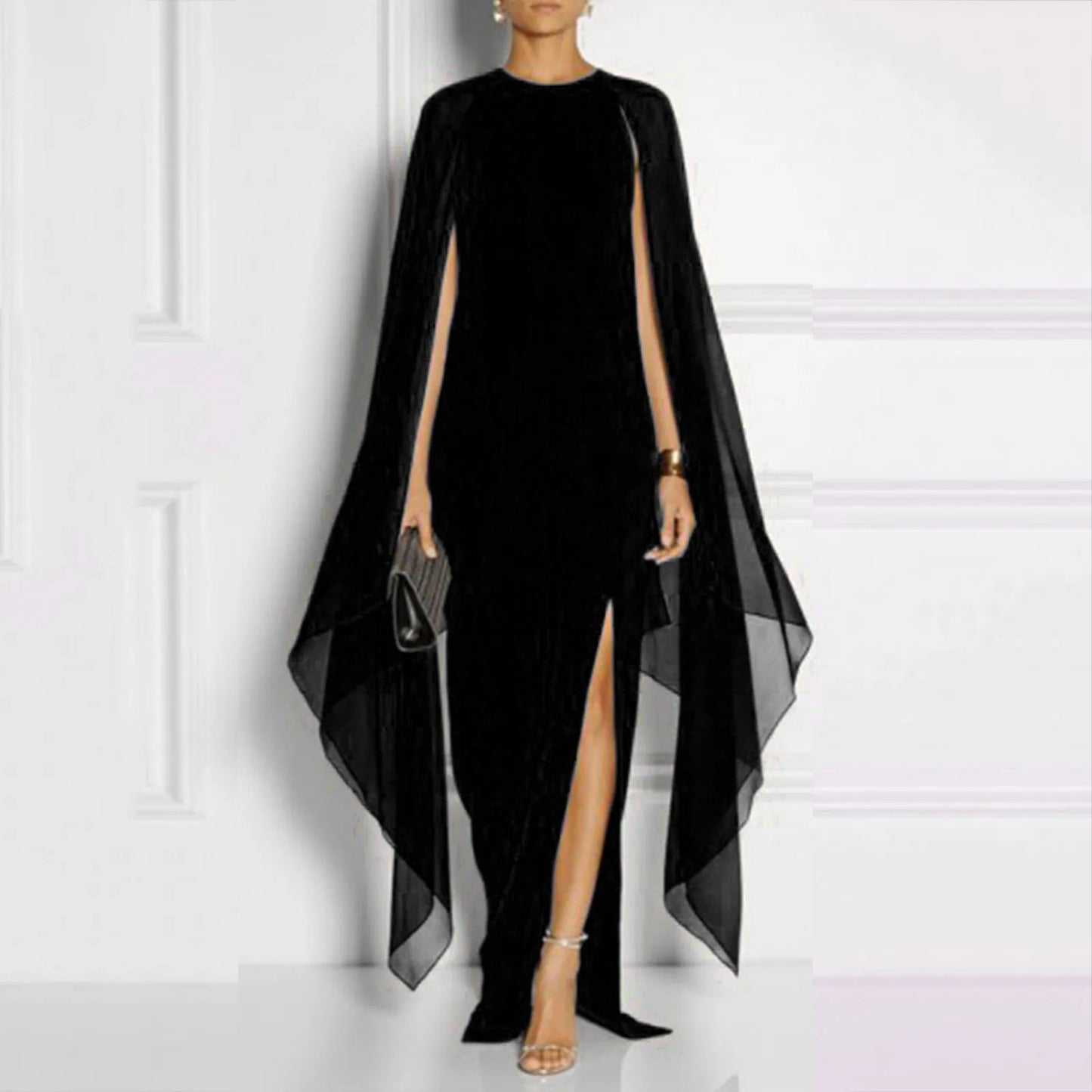 Elegant Summer Maxi Chiffon Cape Long High Slit Irregular Batwing Sleeve Vestidos Dress