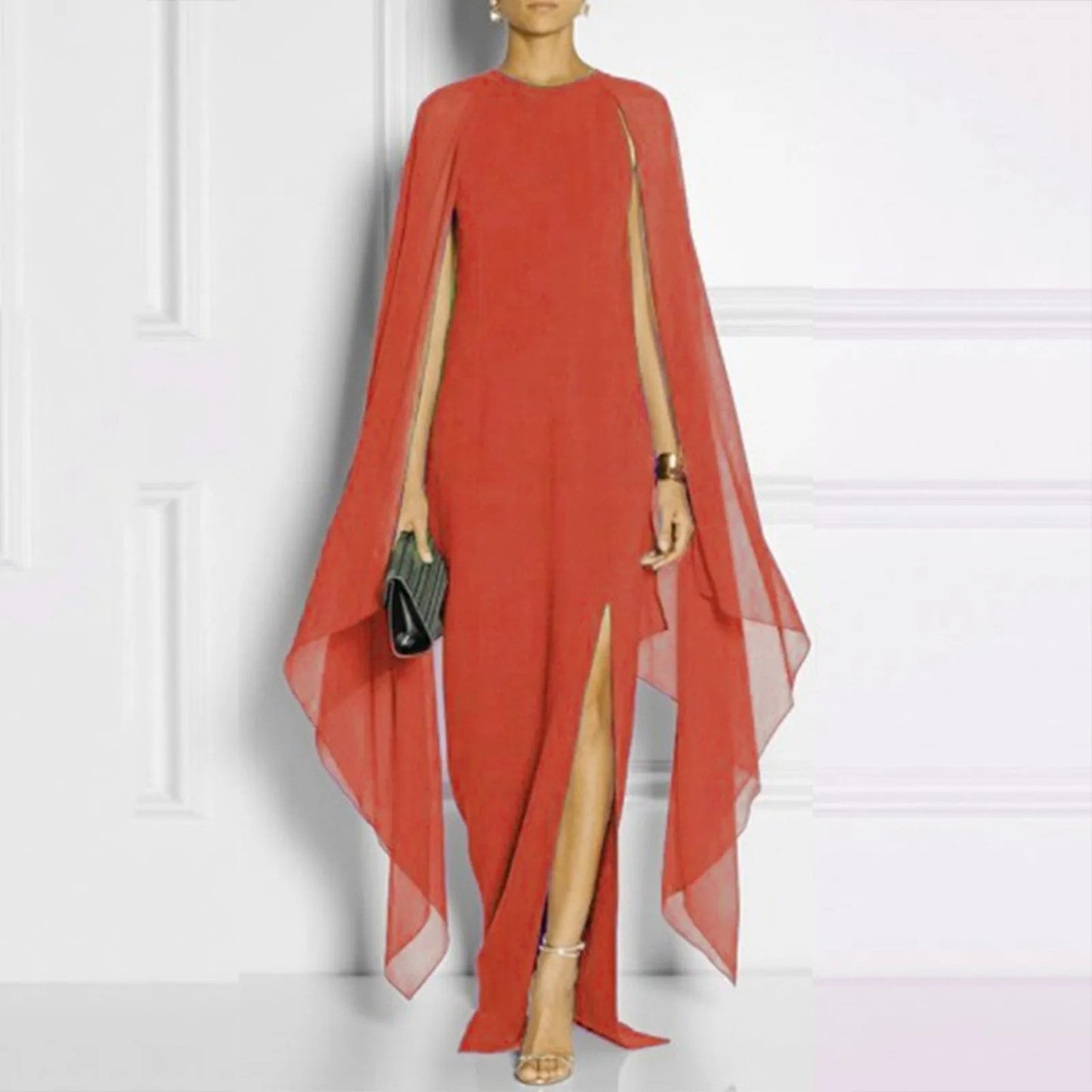 Elegant Summer Maxi Chiffon Cape Long High Slit Irregular Batwing Sleeve Vestidos Dress